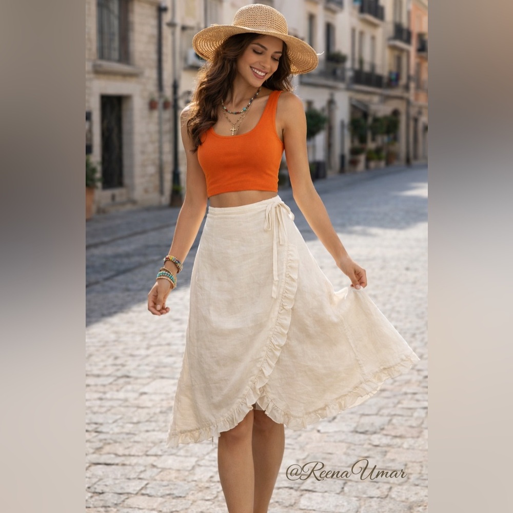 Jackpot Cream Ruffle-Trim Midi Wrap Skirt β Vintage Linen